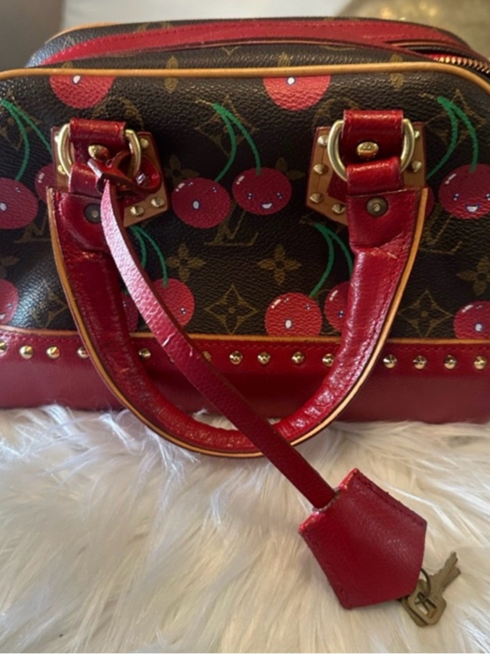 Red Cherry-Print Satchel with Stud Accent
